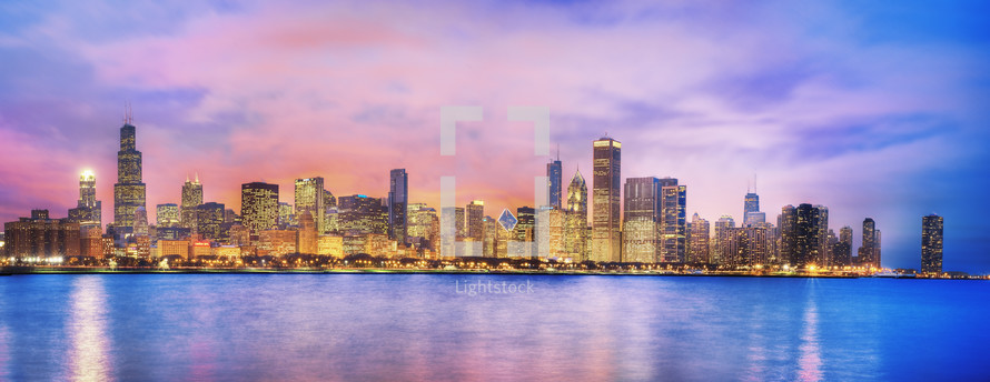 Panoramic view of Chicago skyline at dusk. Chicago, Illinois. USA.- for editorial use only.
