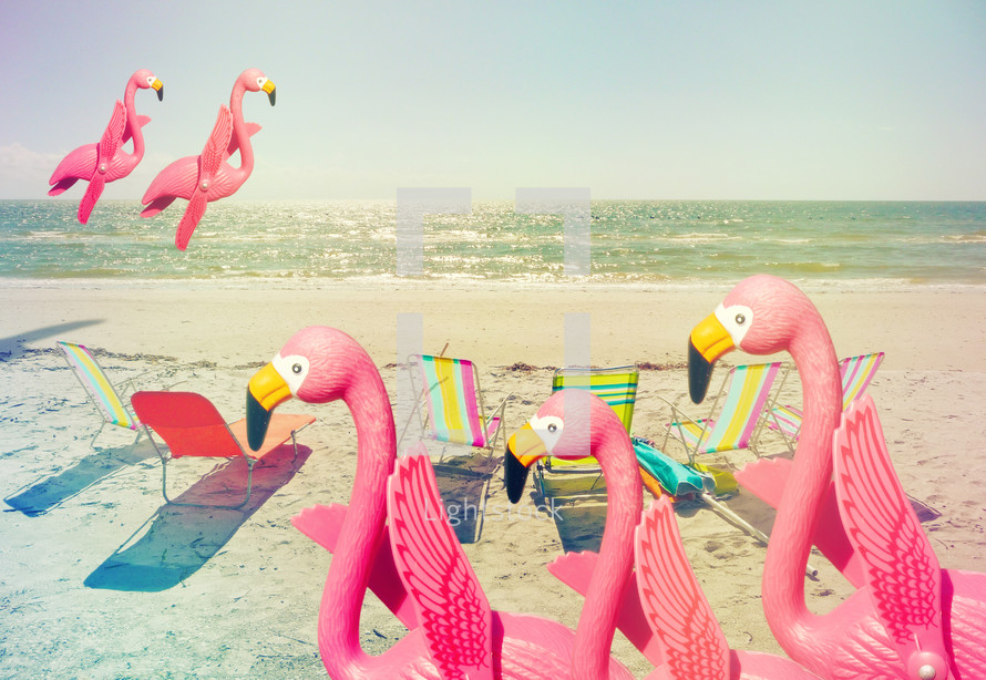 pink plastic flamingos and lounge chairs on a beach, humorous composite