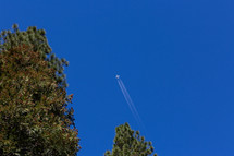 Airplane with contrails flying over trees