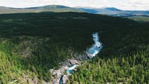 aerial view over a river with rapids through a summer landscape 