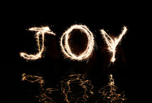"Joy" written in fireworks.