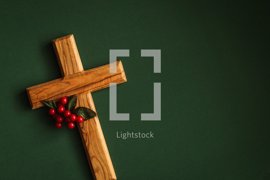Olive wood cross with red berries 