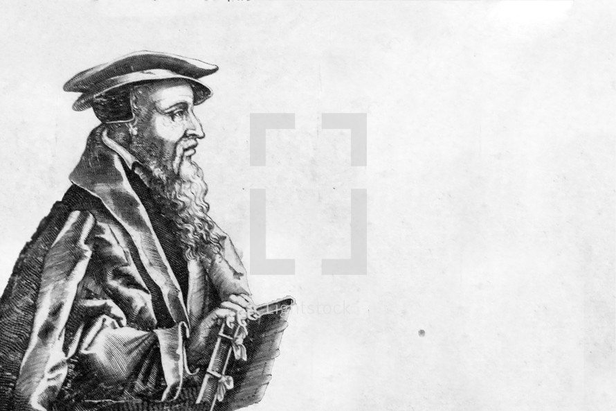 A drawing of John Calvin holding a Bible.