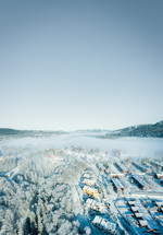 Aerial view of neighborhood in Oslo, Norway covered in snow
