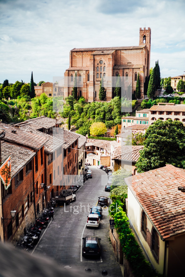view from above of narrow streets in Italy and cathedral 