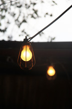 cage around a lightbulb hanging outdoors 