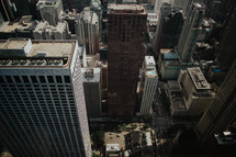 aerial view over city skyscrapers 