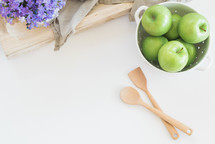 apples, fruit, bowl, house plant, wood spoons, tray, linen, wood, cauldron 