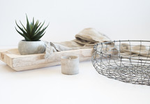 linen, fabric, tray, wood, house plant, votive candle, wire basket