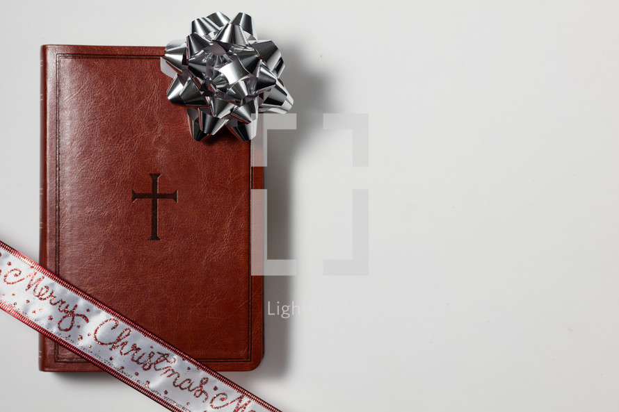 bow on the cover of a leather Bible on a white background 