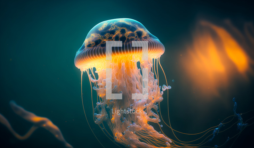 Colorful AI painting of a glowing jellyfish in the depths of the sea. 