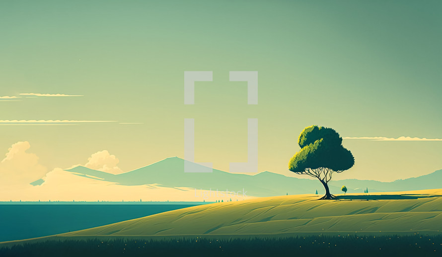 Painting art of a minimalism landscape with a tree and water. Background illustration.