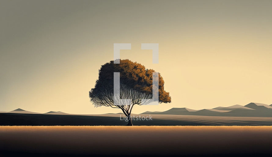 Painting art of a minimalism landscape with a tree