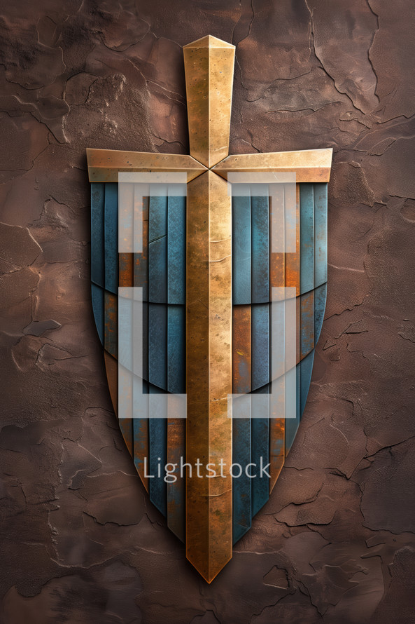 Powerful image representing the Armor of God, featuring a metallic shield with a cross design against a rugged background. Ideal for religious themes and spiritual messages.