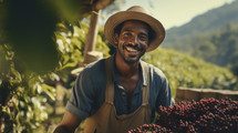 Portrait of an afro american farmer on coffee field picking up coffee beans.