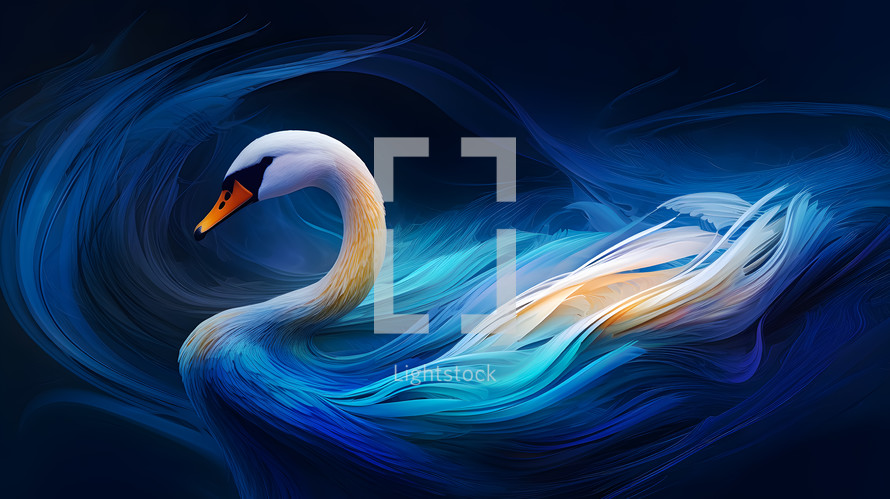 Abstract painting concept. Colorful artistic swan on lines and curves background. Animals.