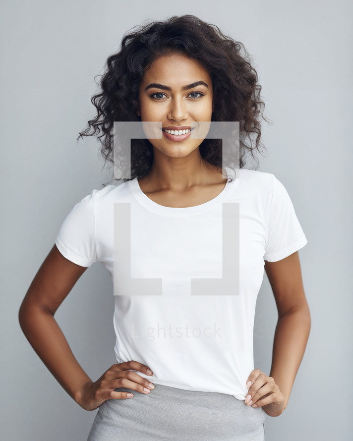 Radiant young woman with curly hair and a beaming smile, wearing a white t-shirt paired with a grey skirt against a smooth grey backdrop.