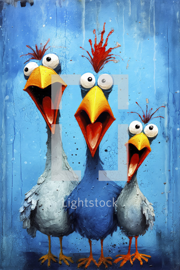 Portrait of a oil painting portrait of funny and happy chicken on blue background.