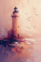 Ethereal impressionistic painting of a lighthouse with birds in flight, bathed in warm, pastel hues.