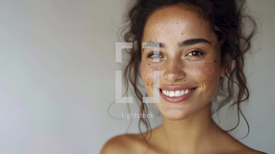 Joyful woman with freckles, natural beauty, genuine smile.