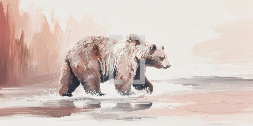 Imposing brown bear captured mid-stride in a serene wilderness scene, rendered in a modern impressionistic style with pastel hues.