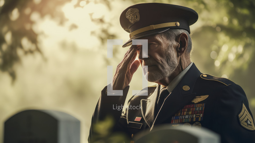 Portrait of American Senior Veteran in uniform saluting.