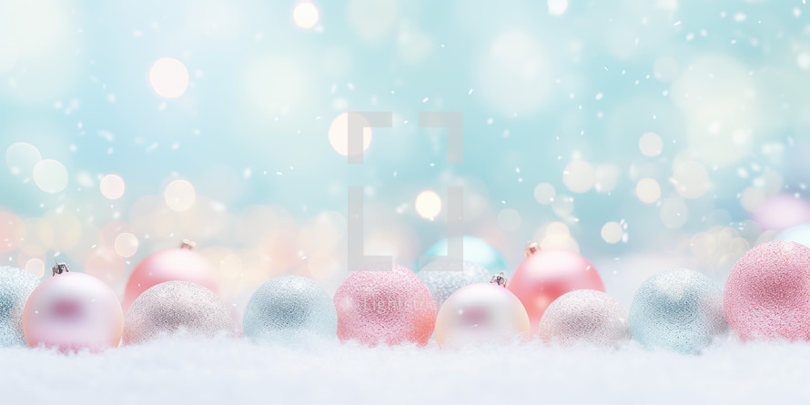 Christmas background with colorful baubles and glitter light bokeh.