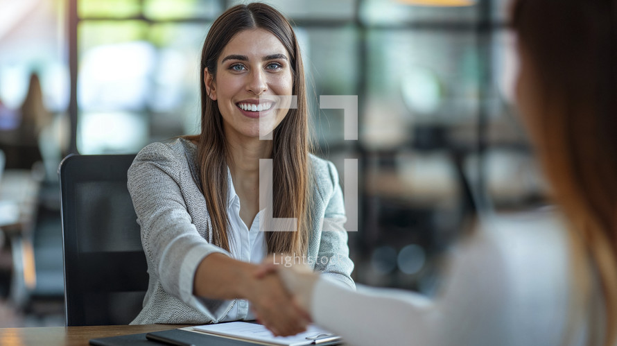 Confident businesswoman shaking hands across a desk, with a warm, welcoming smile in an office setting.