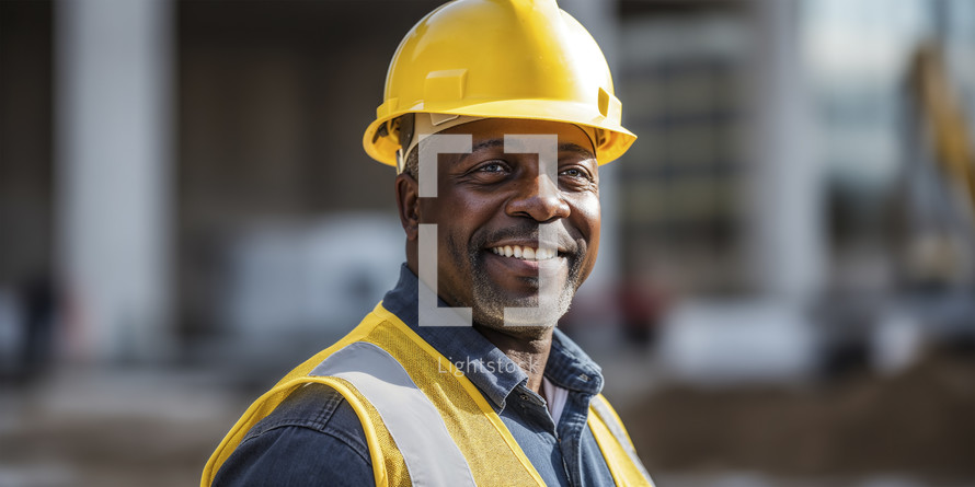 Smiling construction worker in a safety vest and hard hat at a construction site.