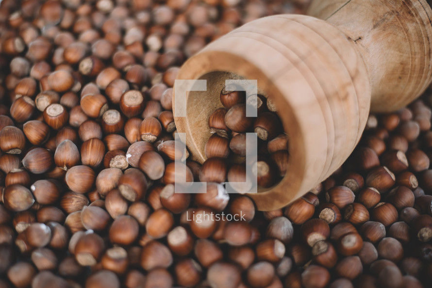 Hazelnuts in a wooden bowl on rustic background