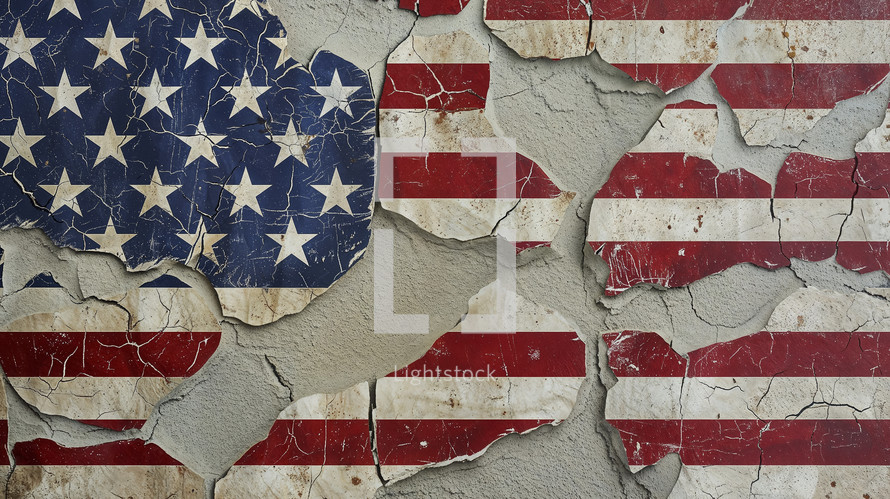Cracked texture of an American flag painted on a wall, symbolizing distress or history.
