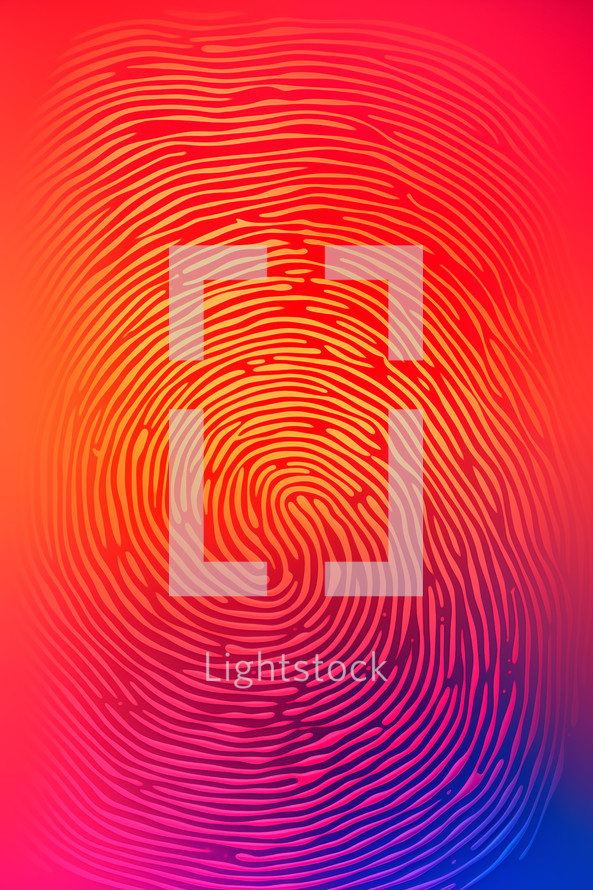Abstract fingerprint design with a warm color gradient shifting from red to blue.