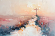 Ethereal painting of a cross at the end of a path, symbolizing hope and redemption in a pastel-toned landscape.