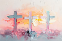 Impressionist painting of three crosses on Golgotha against a vibrant pastel sky, a powerful symbol of sacrifice and redemption.