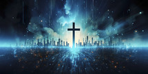 Colorful painting art of an abstract digital background with cross. Christian illustration.