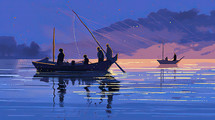 Colorful painting art of fishermen riding in a fishing boat on the Sea of ​​Galilee. Christian illustration. 