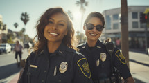 Portrait of two female smiling police officer in urban background.