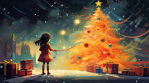 Girl in red dress marveling at a glowing Christmas tree on a snowy evening, evoking the wonder of the holidays.