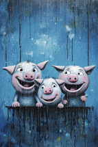 Portrait of a oil painting portrait of funny and happy pigs on blue background.