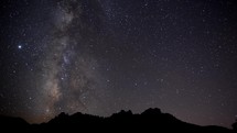 Time lapse of Milky Way stars above rugged desert mountains
