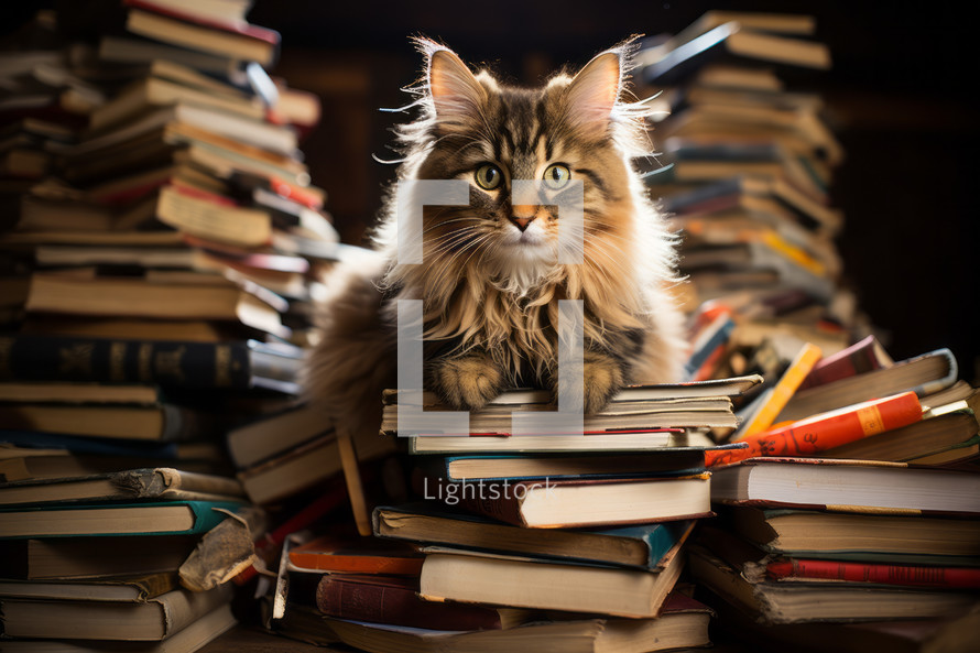 A cat on top of a bunch of books