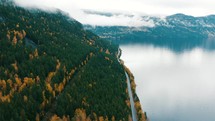 aerial view over a lake in autumn 