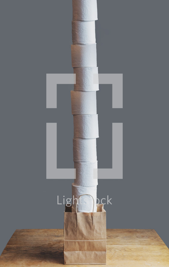 super tall stack of toilet paper rolls in bag