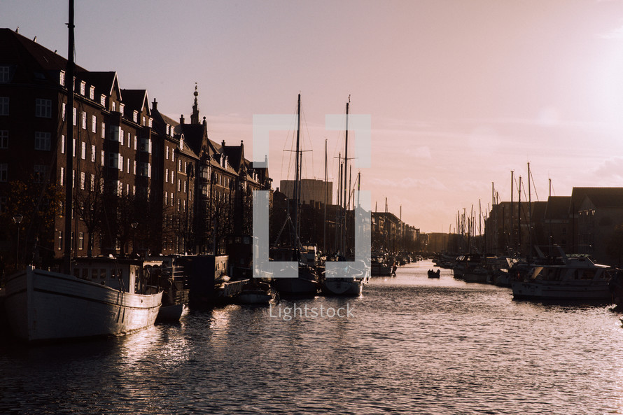 boats along a channel in Copenhagen 