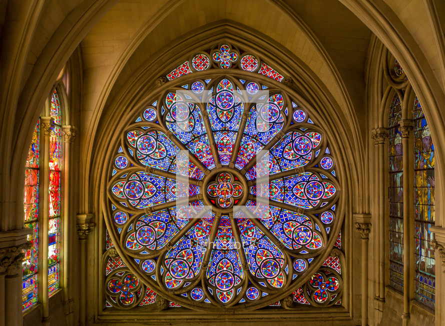 Inside view church magnificent Gothic architecture circular rose window