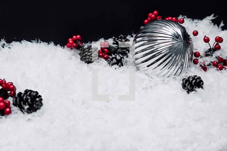 pine cones, red berries, ornaments, and snow 