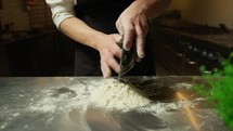 Chef Prepares Dough For Italian Egg Tagliatelle In The Kitchen