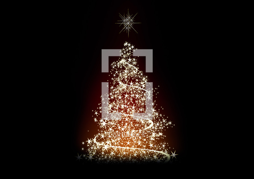 Illustrated Christmas tree made of shiny stars on a dark background