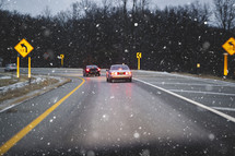 Snow falling during a drive