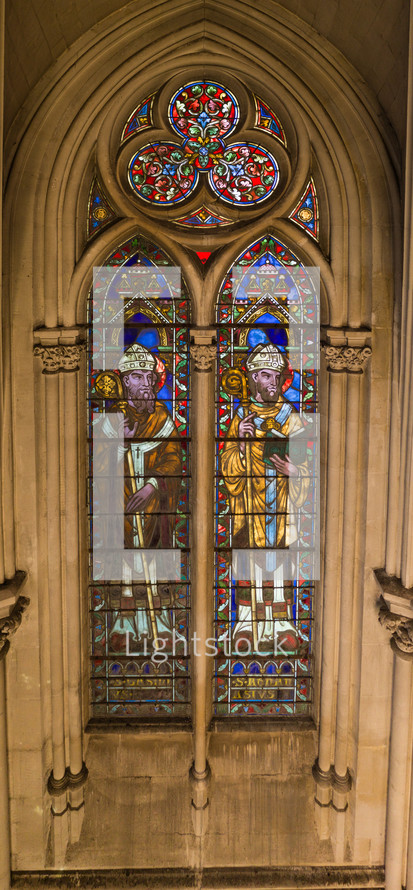 Saints painted on stained glass windows of a church Montpellier
